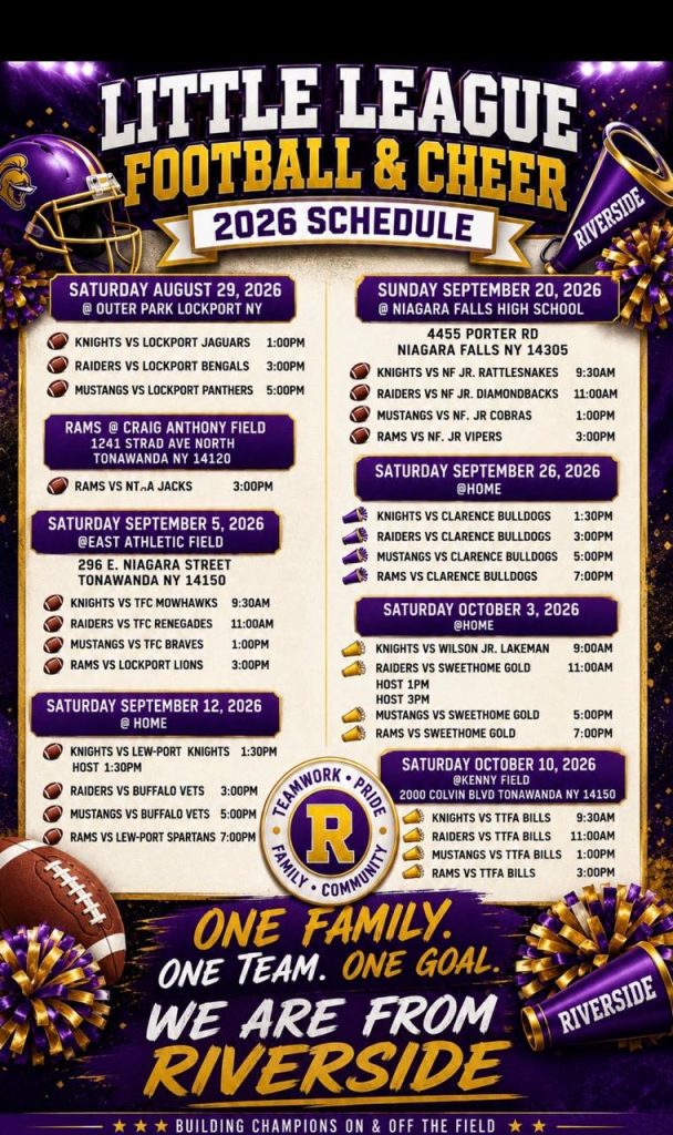 Little League Football and Cheer 2026 schedule for Riverside teams